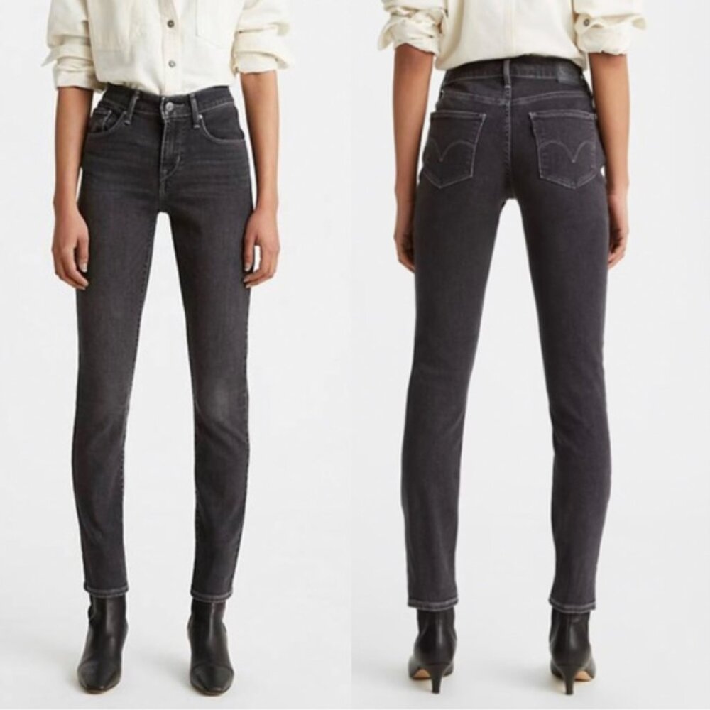 levis | women black classic mid rise skinny stretch frayed raw hem denim jeans